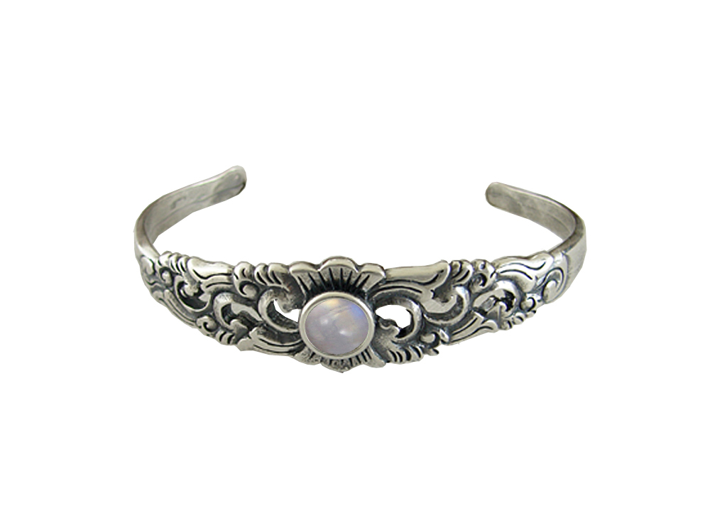 Sterling Silver Detailed Cuff Bracelet With Rainbow Moonstone